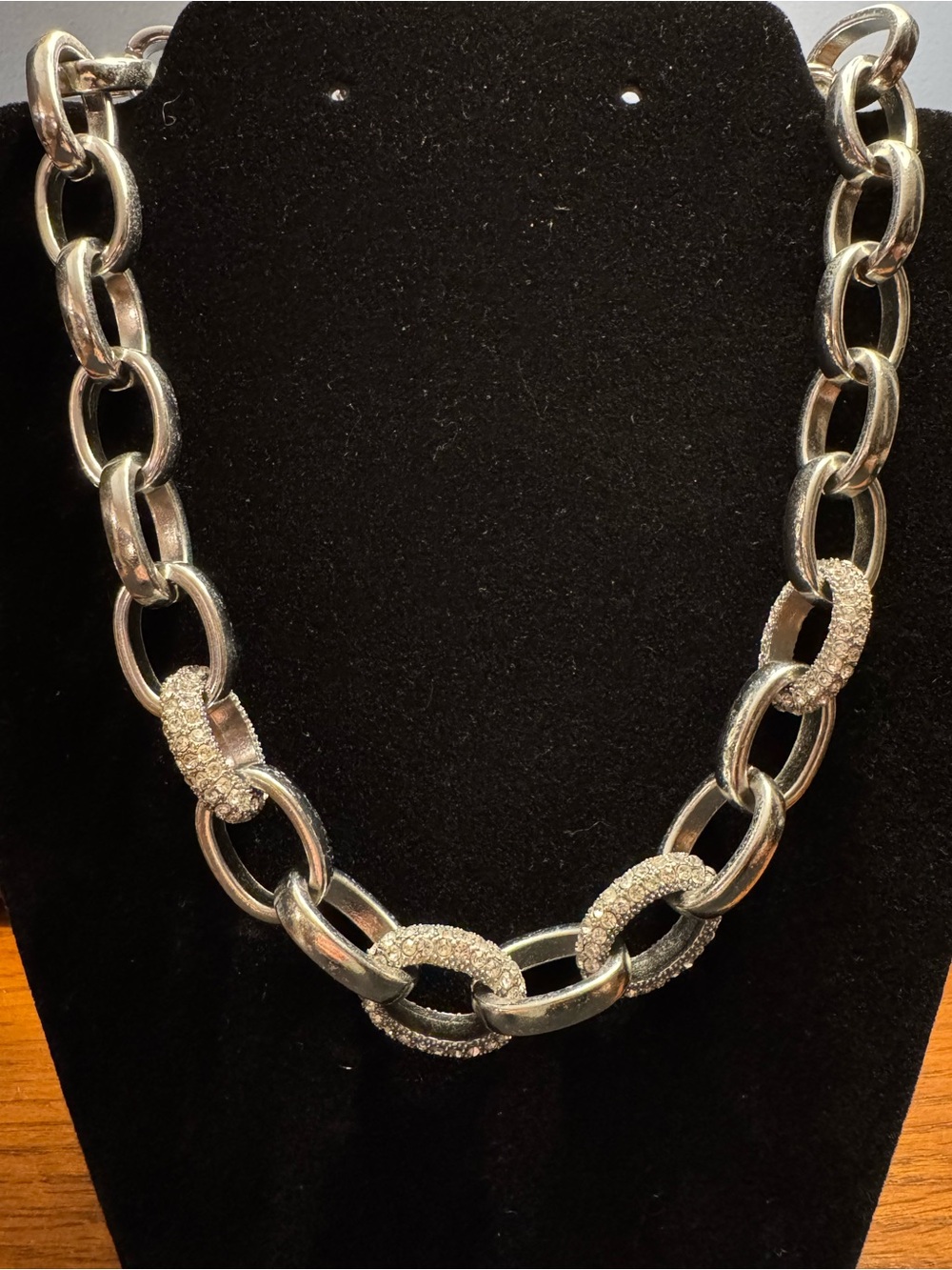 Chunky Silver Tone Crystal Pave Link Statement Necklace
